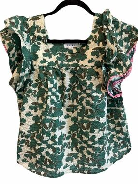 THML Medium 100% Cotton Green/Ivory Blouse Top Pink Pom Pom Sleeves